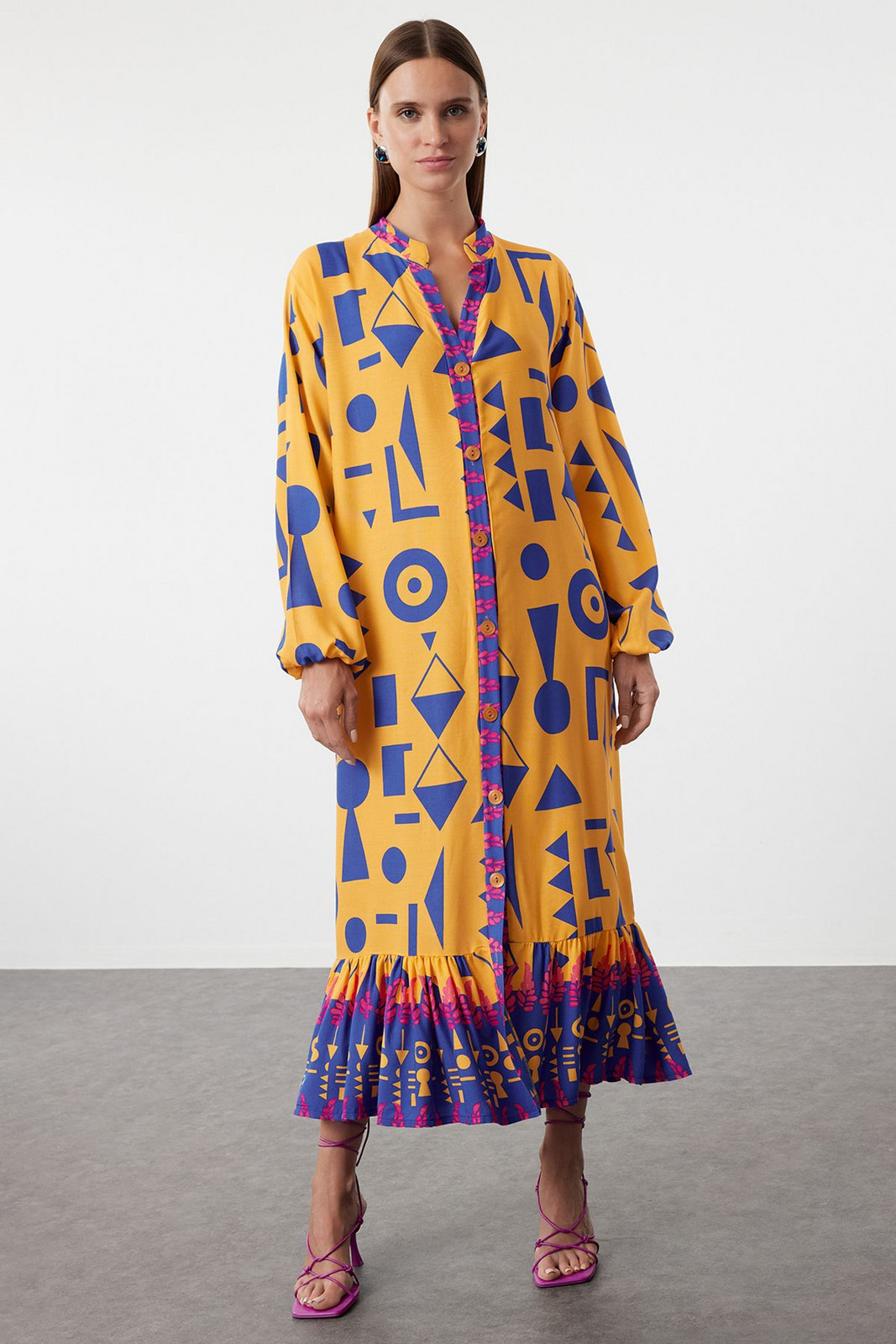 Trendyol Orange Printed Wide Kseim Border Pattern Detailed Woven Dress Woven Dress