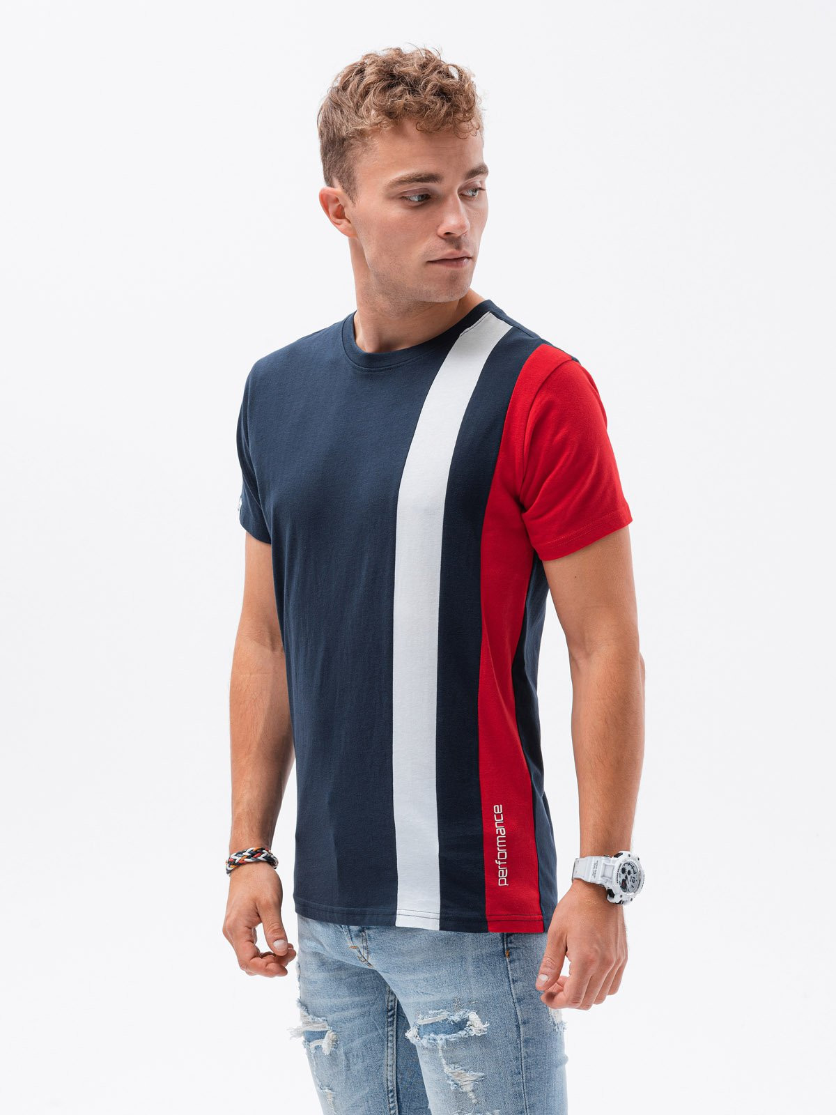 Ombre Men's T-shirt with vertical contrasting elements - navy blue