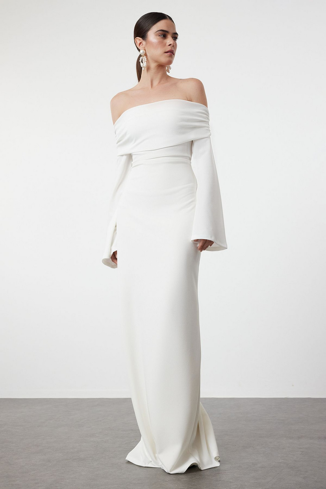 Trendyol White Knitted Carmen Collar Long Evening Evening Dress