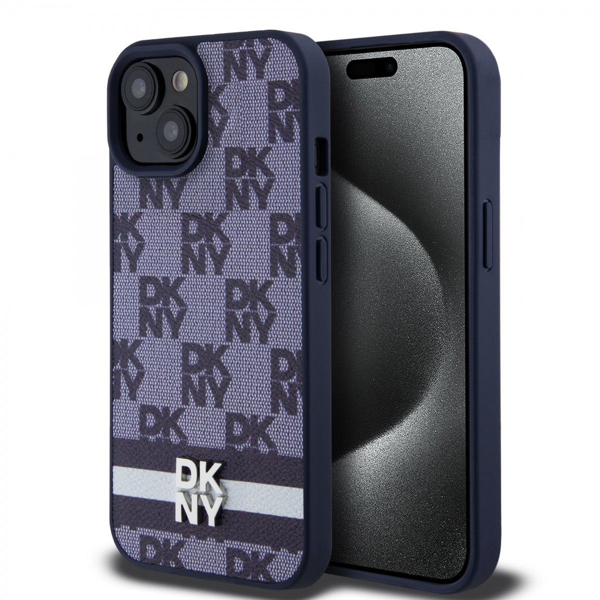 Zadní Kryt DKNY PU Leather Checkered Pattern and Stripe pro iPhone 15 Blue