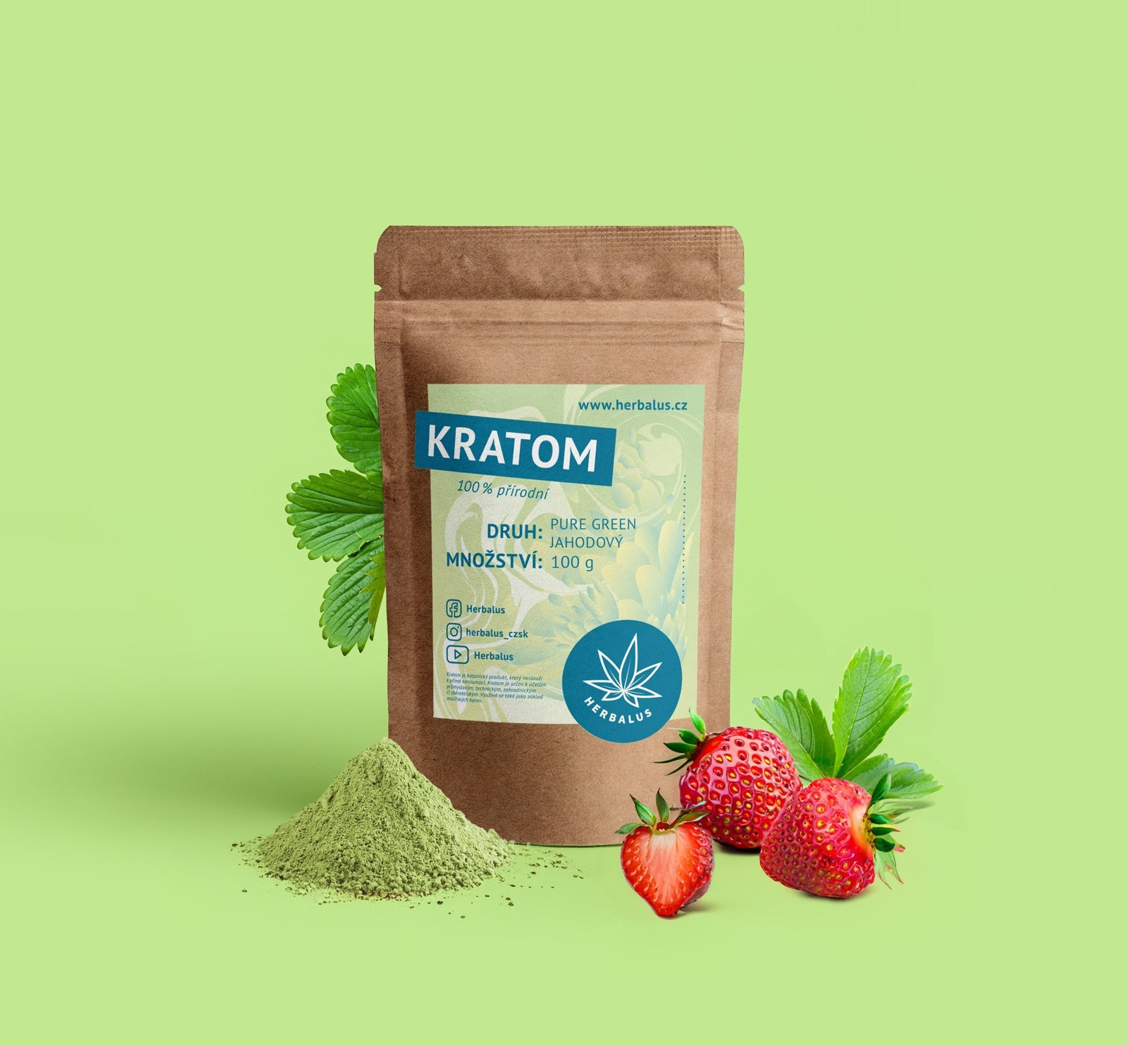 Herbalus Ochucený kratom - Pure Green - Jahoda [ 50 g ]