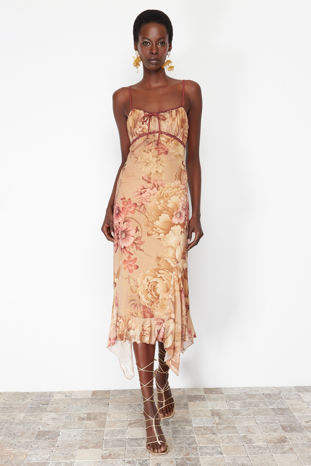 Trendyol Multicolored A-Line Floral Patterned Ruffle Tulle Dress