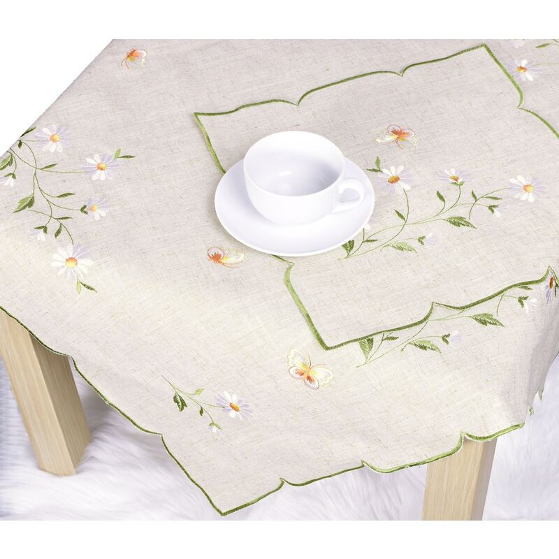 Ubrus celoroční, Kopretiny a motýli na režném vyšívaný, béžový 35 x 35 cm