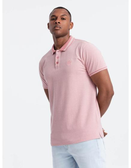 Pánská melanžová polokošile s pruhovaným límečkem růžová melanž