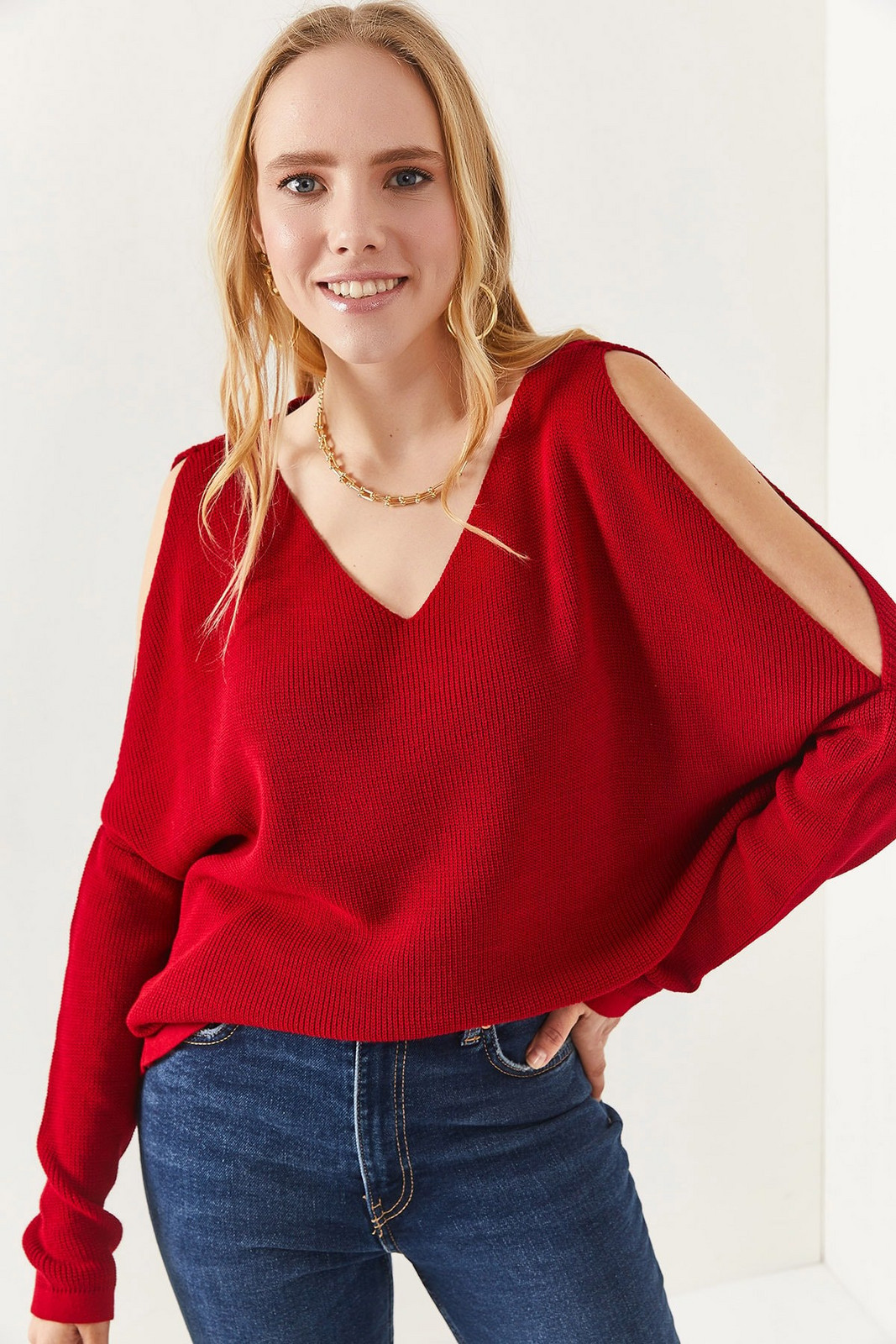 Olalook Women's Claret Red V-Neck Decollete Loose Knitwear Blouse