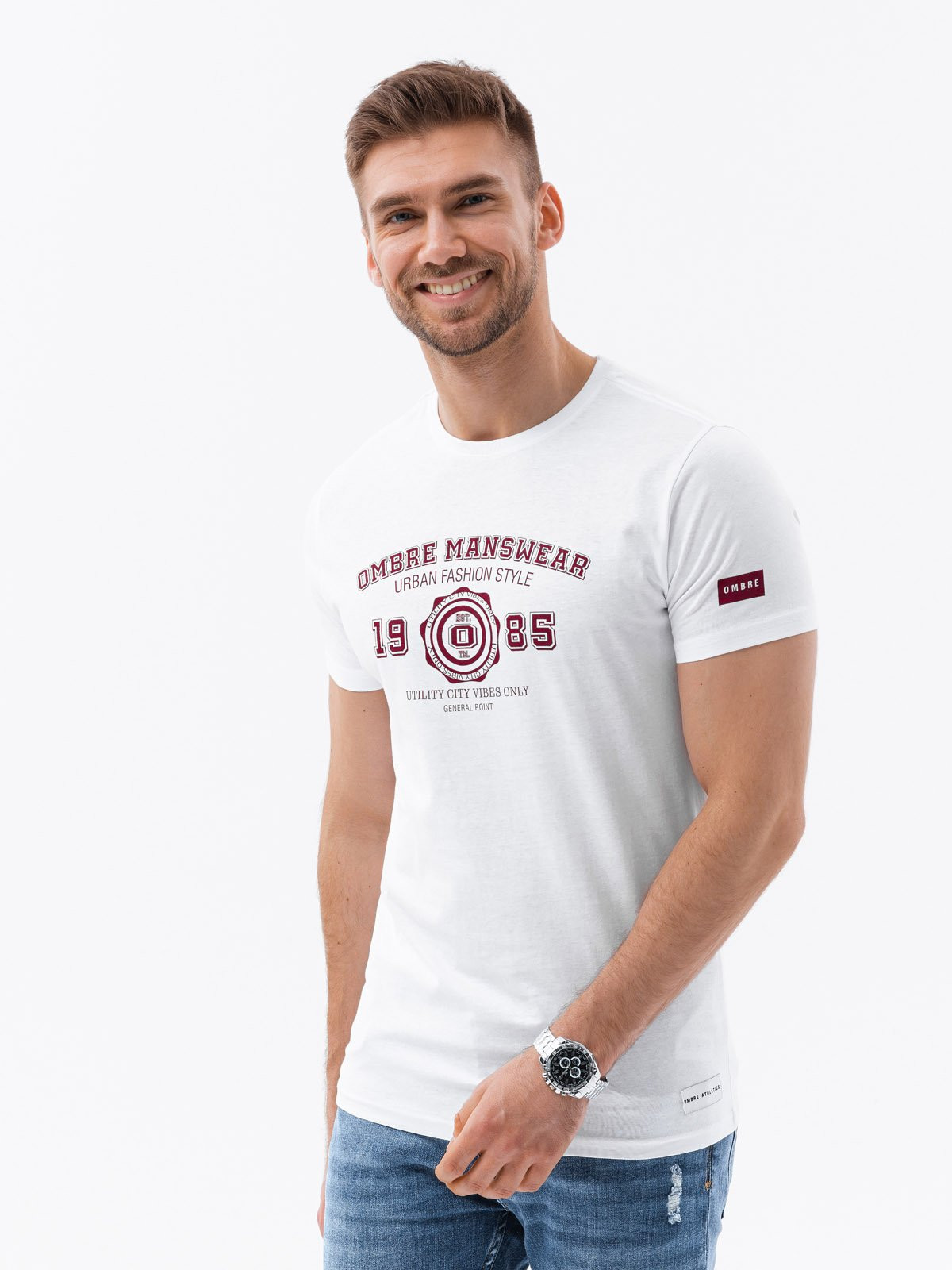 Ombre T-shirt męski z nadrukiem w stylu college – biały