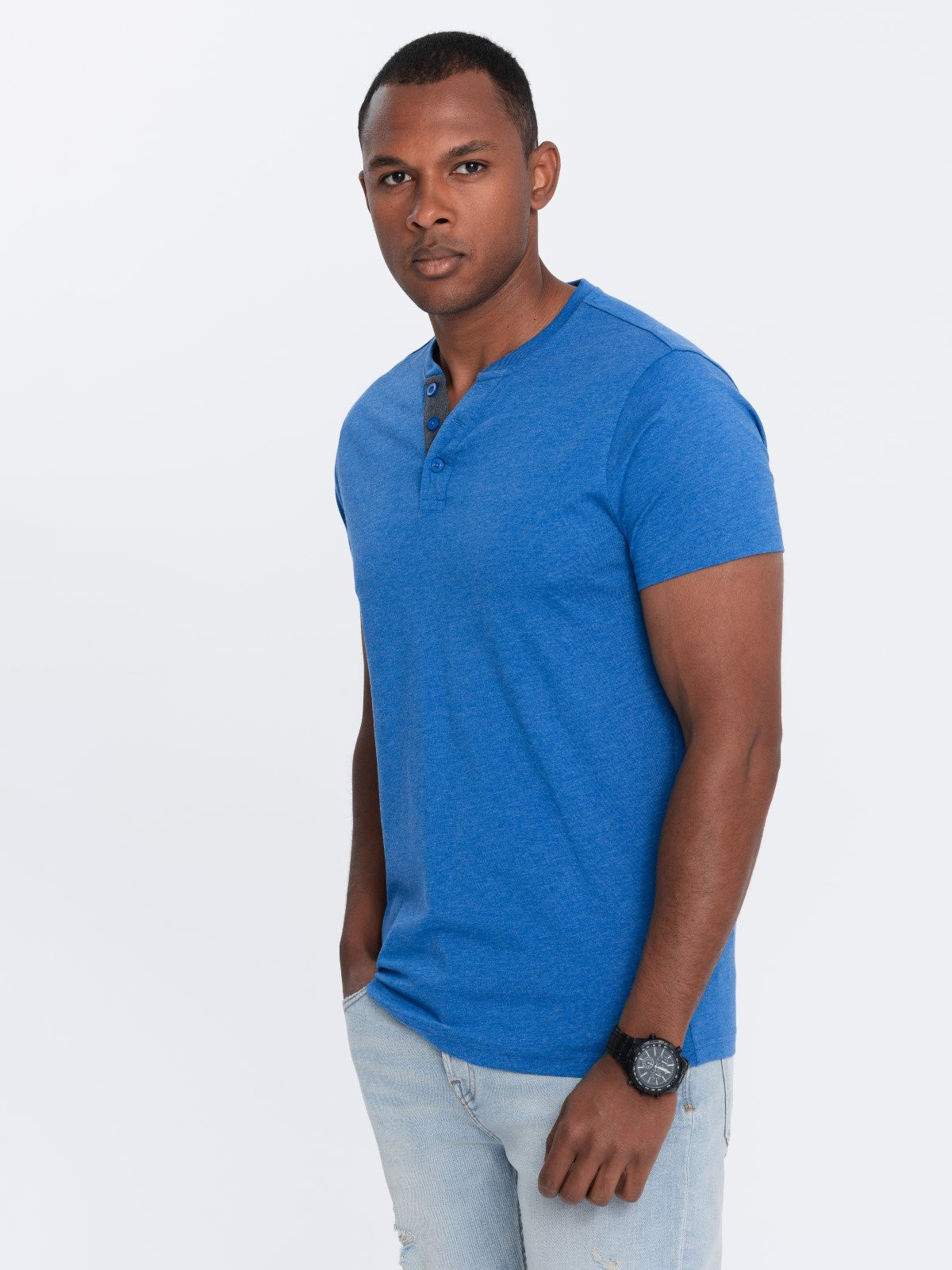 Ombre Men's t-shirt with round henley neckline - blue