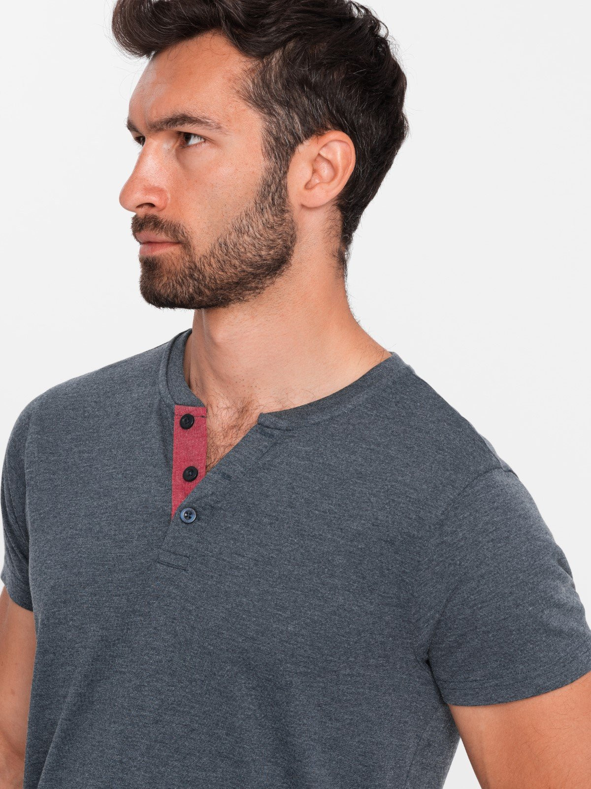 Ombre Men's T-shirt with unbuttoned round henley neckline - navy blue