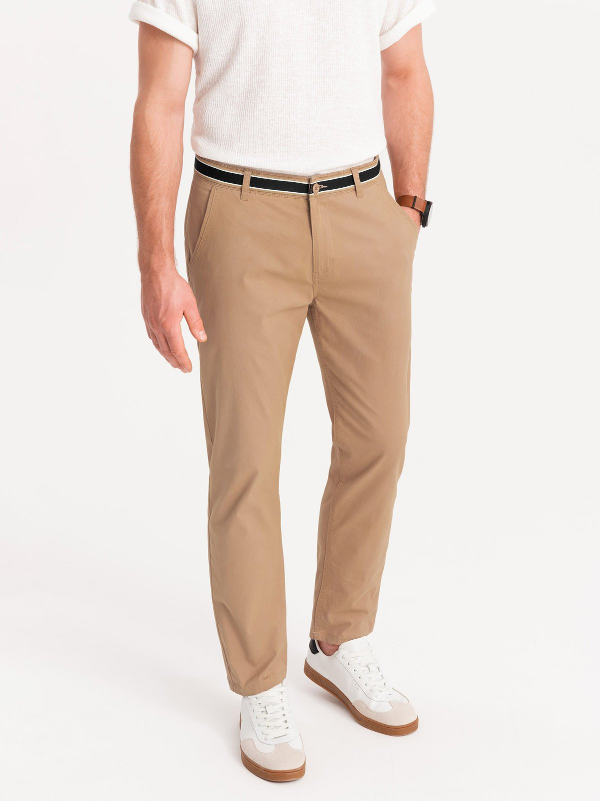 Ombre Men's chino pants with decorative waistband - sand