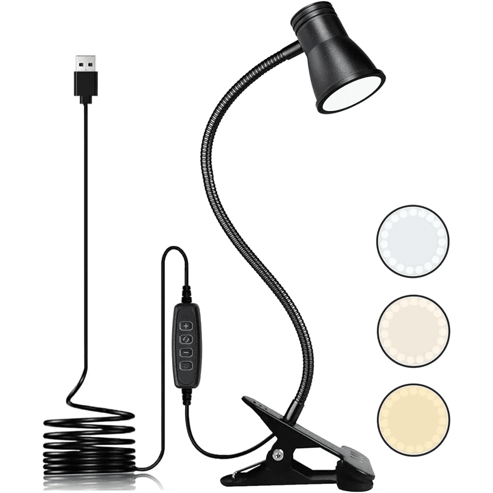 Interlook FH-08-5W-BK | Stolní lampa s klipsem | Flexibilní lampa na čtení | Noční lampa s možností změny barvy | USB LED světlo