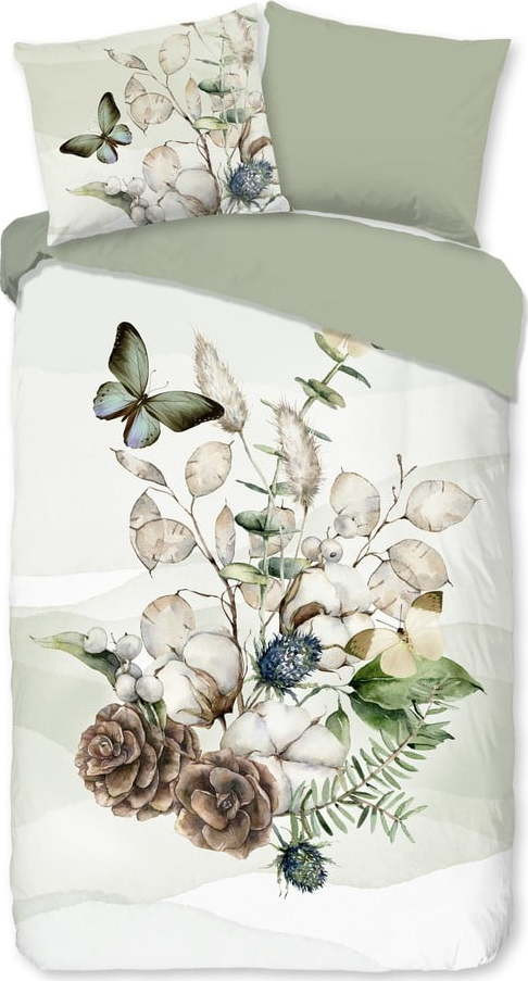 Zeleno-krémové prodloužené flanelové povlečení na jednolůžko 140x220 cm Marjan – Good Morning