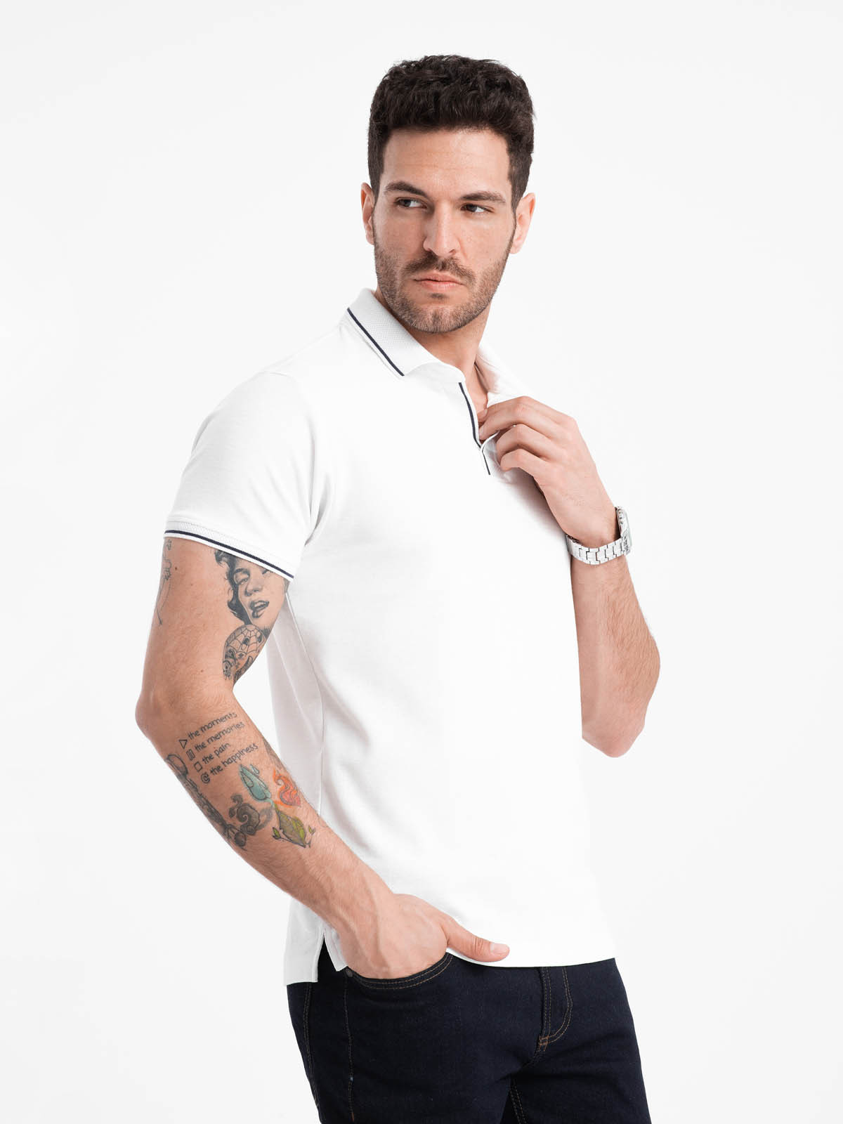 Ombre Men's pique knit polo shirt without buttons - white