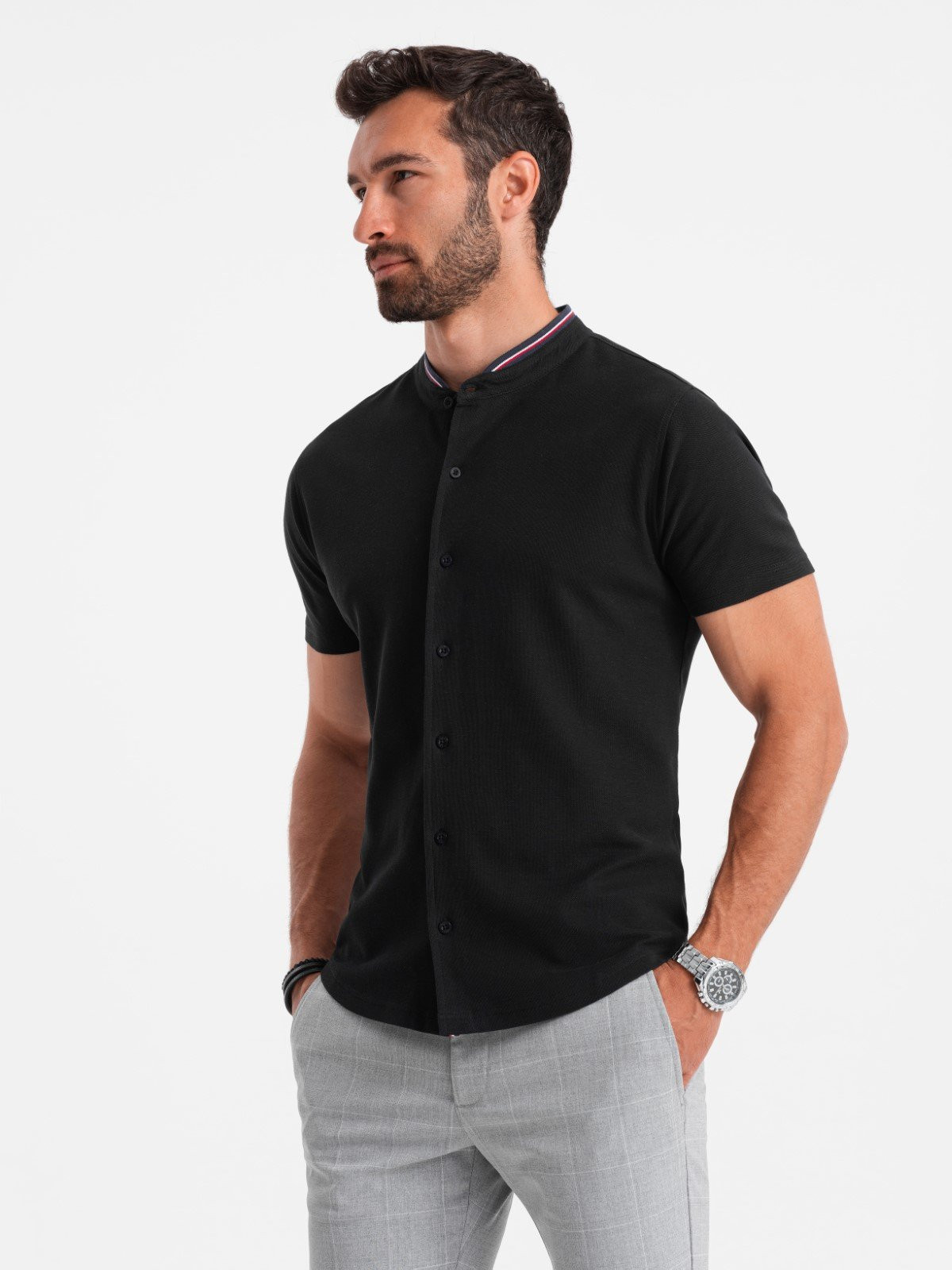 Ombre Men's knit shirt with short sleeves and collared collar - black