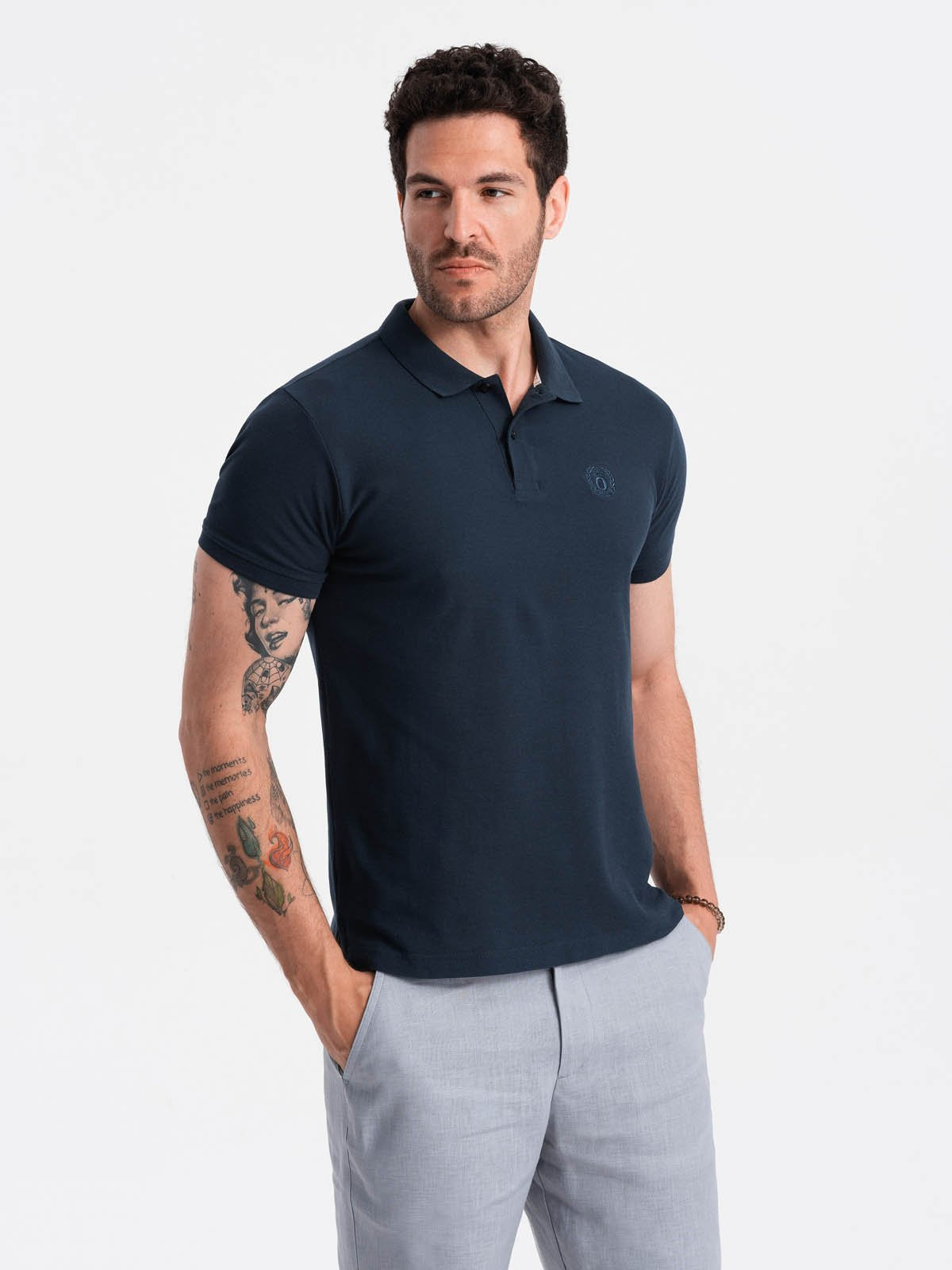 Ombre BASIC men's single color pique knit polo shirt - navy blue