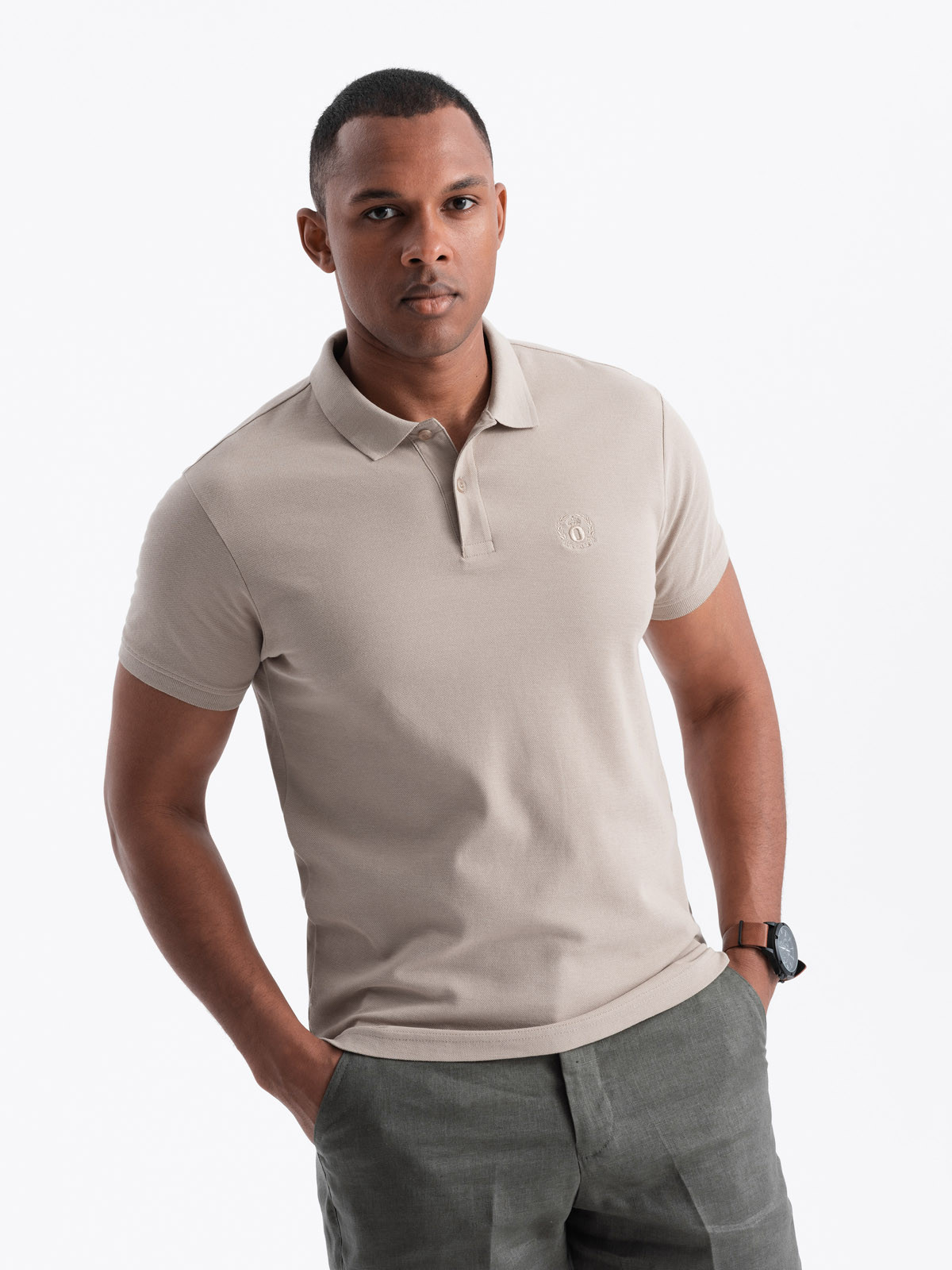 Ombre BASIC men's single color pique knit polo shirt - dark beige