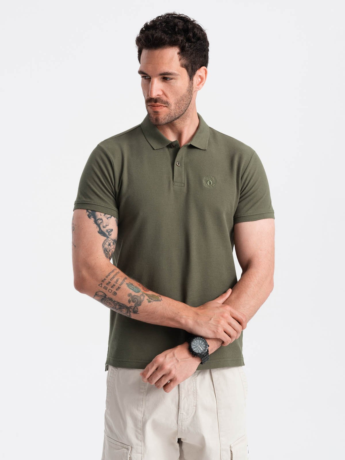 Ombre Men's BASIC single-color pique knit polo shirt - dark olive green