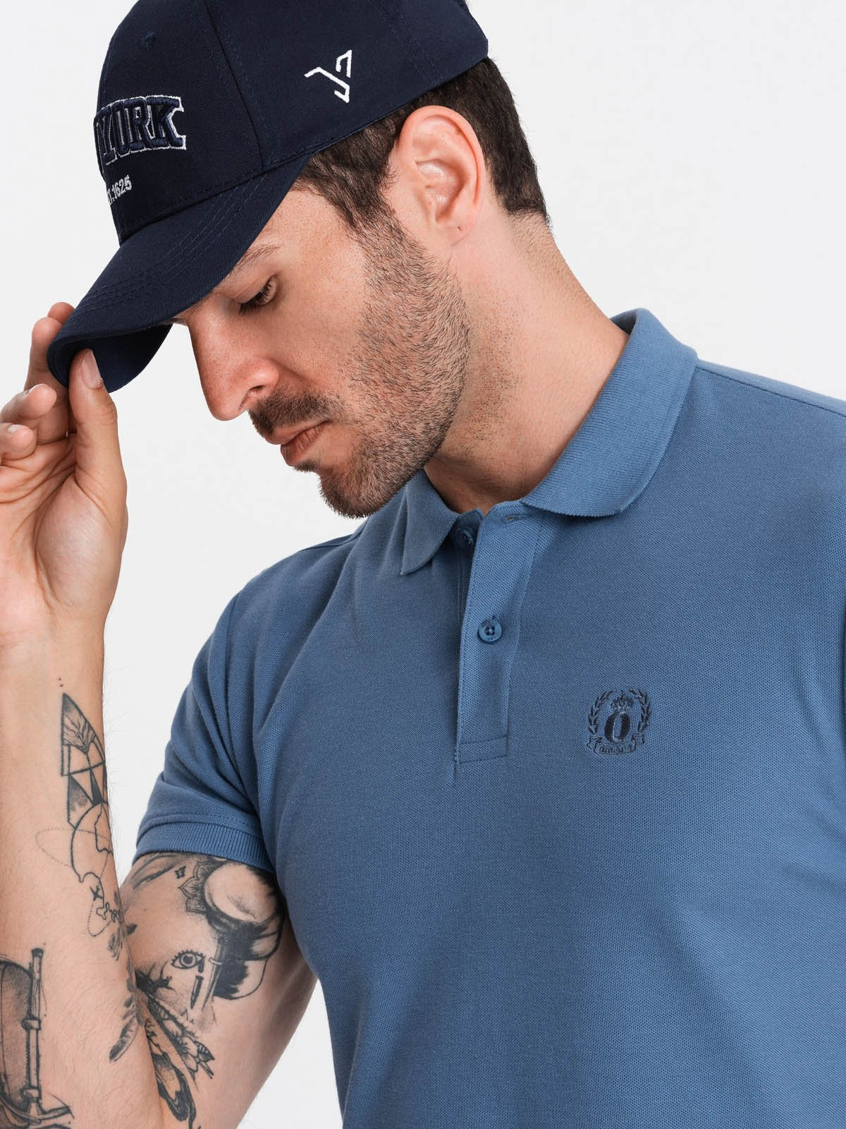 Ombre BASIC men's single color pique knit polo shirt - blue