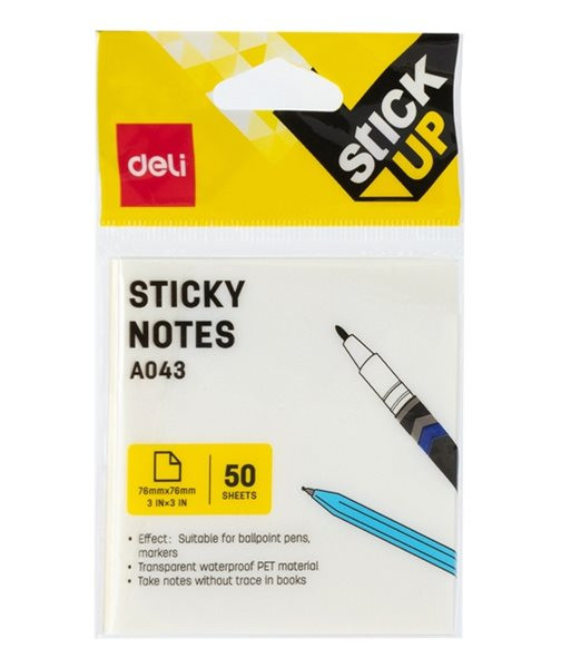 Samolepicí bloček DELI STICK UP 76 × 76 mm, 50 listů - transparentní