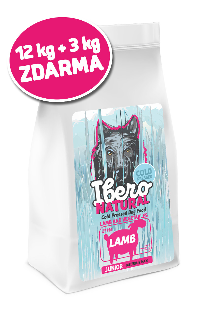 Ibero COLD PRESSED dog   junior  MEDIUM/LARGE  LAMB - 12kg + 3kg GRATIS