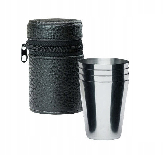 4 ks kovových panáků v koženkovém pouzdře