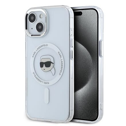 Karl Lagerfeld IML Karl Head Metal Frame MagSafe Zadní Kryt pro iPhone 15 Transparent KLHMP15SHLSKIH