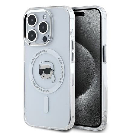 Karl Lagerfeld IML Karl Head Metal Frame MagSafe Zadní Kryt pro iPhone 15 Pro Transparent KLHMP15LHLSKIH