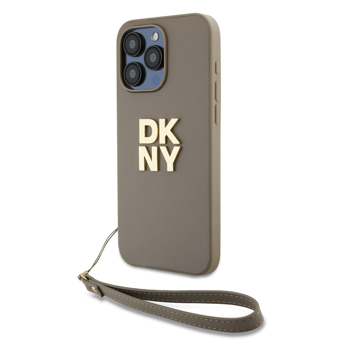 Zaní kryt DKNY PU Leather Stack Logo Wrist Strap pro Apple iPhone 14 Pro Max, béžová