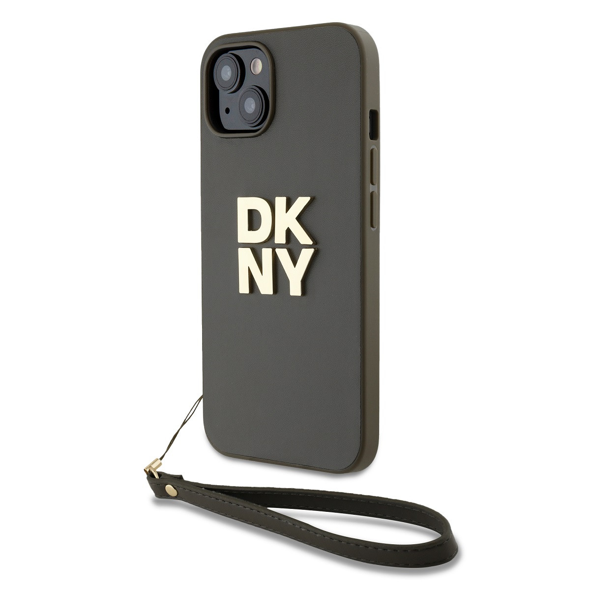 Zaní kryt DKNY PU Leather Stack Logo Wrist Strap pro Apple iPhone 15, zelená