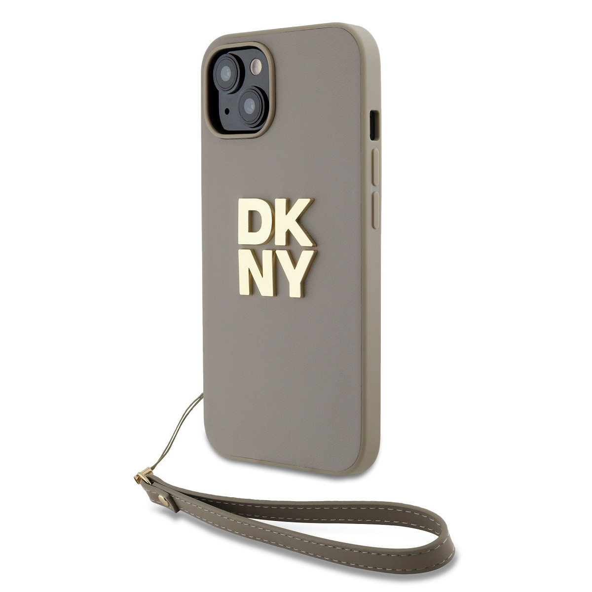 Zaní kryt DKNY PU Leather Stack Logo Wrist Strap pro Apple iPhone 15, béžová