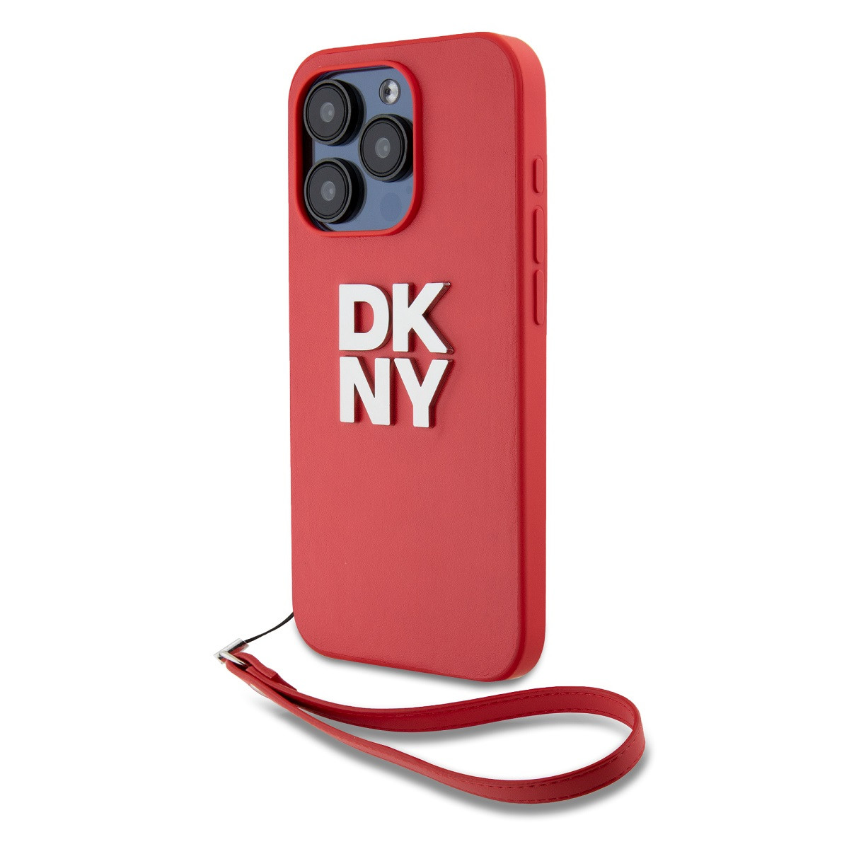 Zaní kryt DKNY PU Leather Stack Logo Wrist Strap pro Apple iPhone 15 Pro, červená