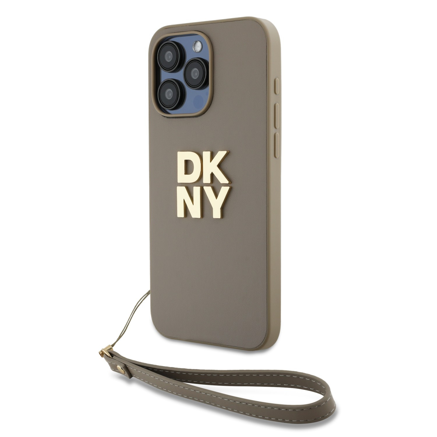 Zaní kryt DKNY PU Leather Stack Logo Wrist Strap pro Apple iPhone 15 Pro, béžová