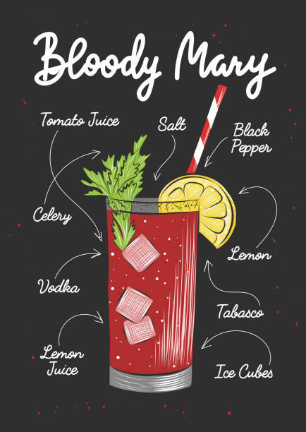 Mariia Akimova Ilustrace Vector engraved style Bloody Maryalcoholic cocktail, Mariia Akimova, 30x40 cm