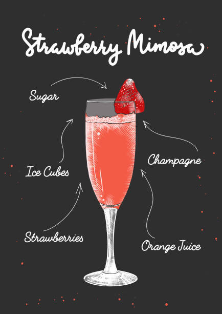 Mariia Akimova Ilustrace Vector engraved style Strawberry Mimosa cocktail, Mariia Akimova, 30x40 cm