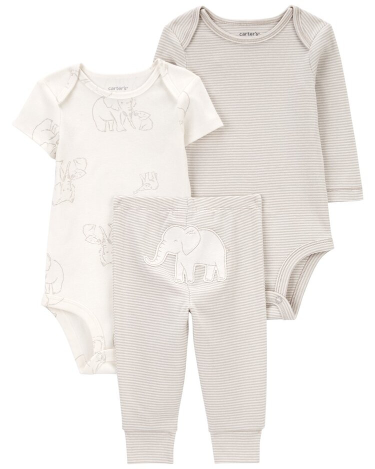 CARTER'S Set 3dílný body dl. rukáv, body kr. rukáv, tepláky Grey Stripe/Elephant neutral 18m/vel. 86