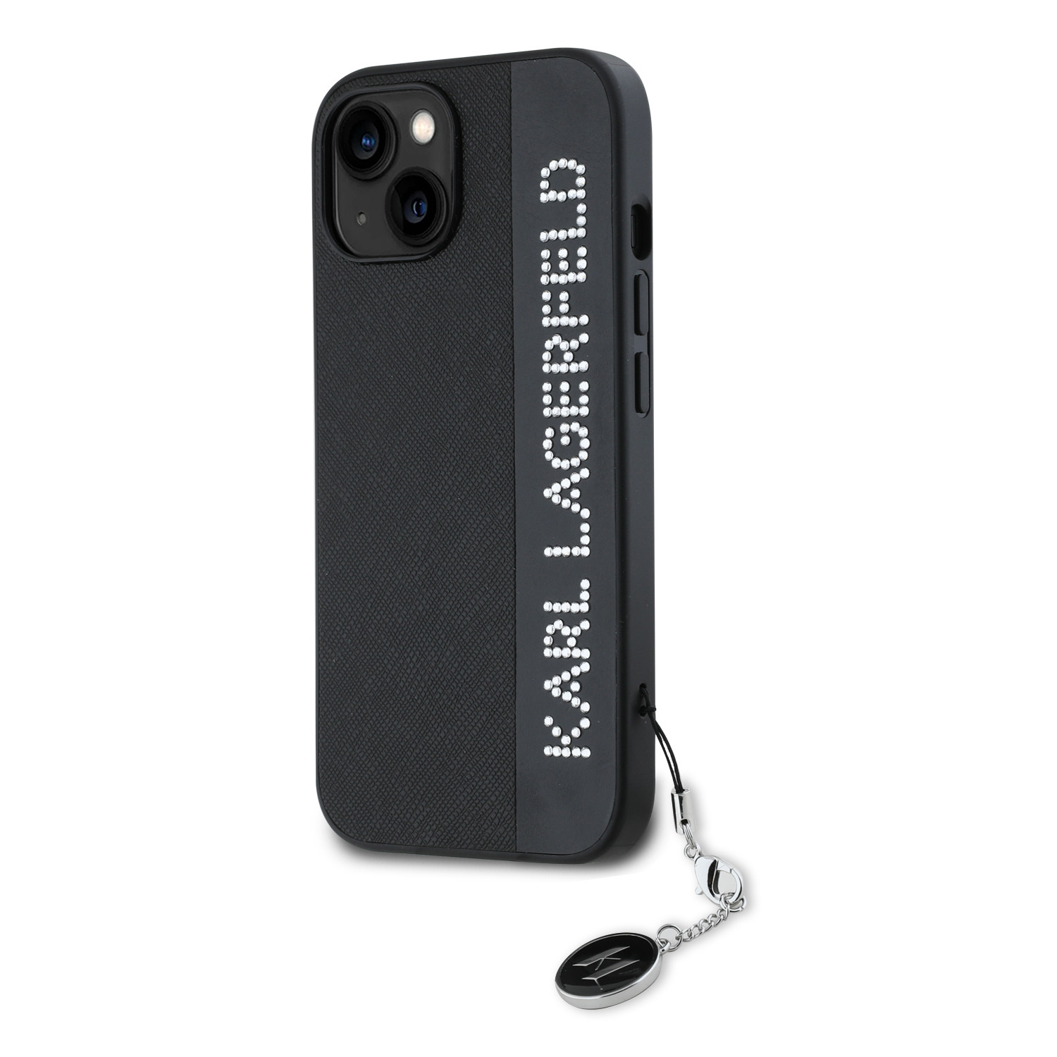 Zadní kryt Karl Lagerfeld PU Saffiano Rhinestone Charm pro Apple iPhone 15, černá