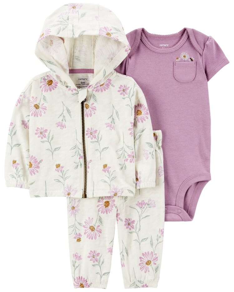 CARTER'S Set 3dílný mikina, tepláky, body kr. rukáv Purple Floral holka MFL 3m/vel. 62