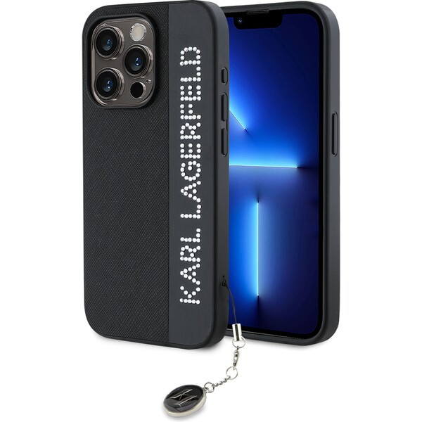 Karl Lagerfeld PU Saffiano Rhinestone Charm zadní kryt iPhone 15 Pro Max černý