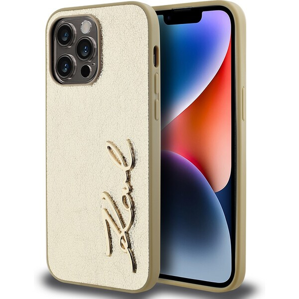 Karl Lagerfeld Wrinkled PU Signature Logo zadní kryt iPhone 14 Pro zlatý