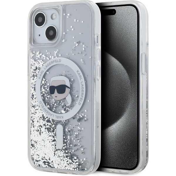 Karl Lagerfeld Liquid Glitter Karl Head Magsafe zadní kryt iPhone 15 čirý