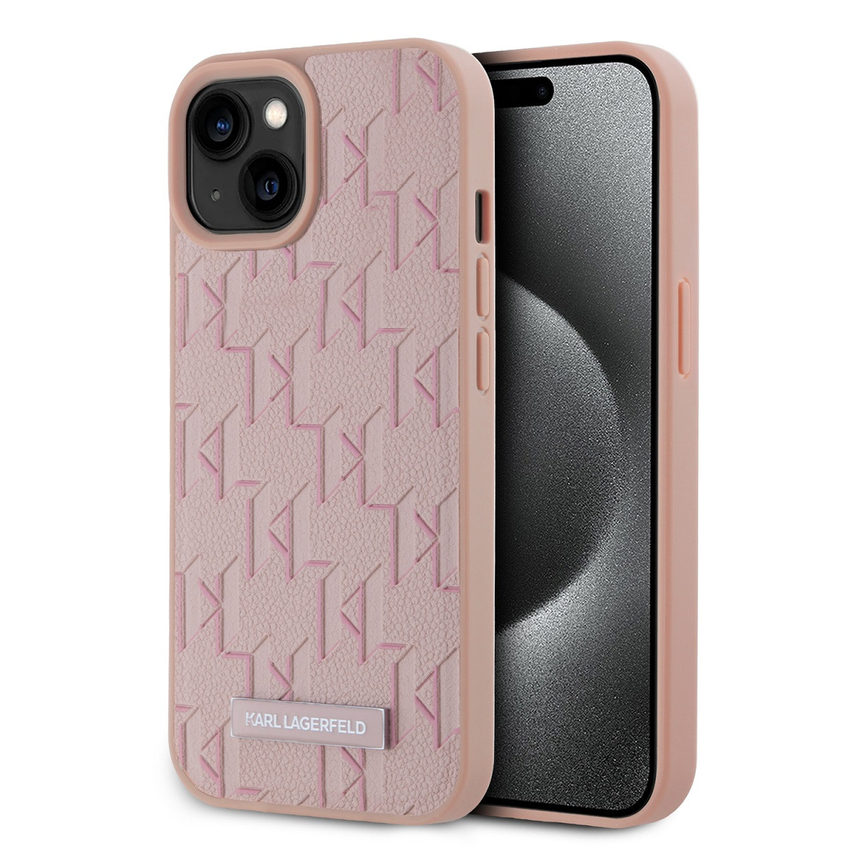 Karl Lagerfeld PU Leather Monogram Metal Logo Magsafe Zadní Kryt pro iPhone 15 Pink