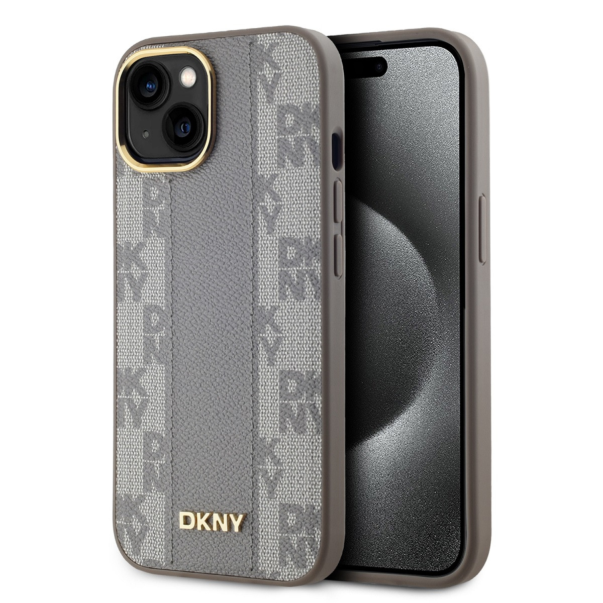 Zadní Kryt DKNY PU Leather Checkered Pattern Magsafe pro iPhone 15 Beige