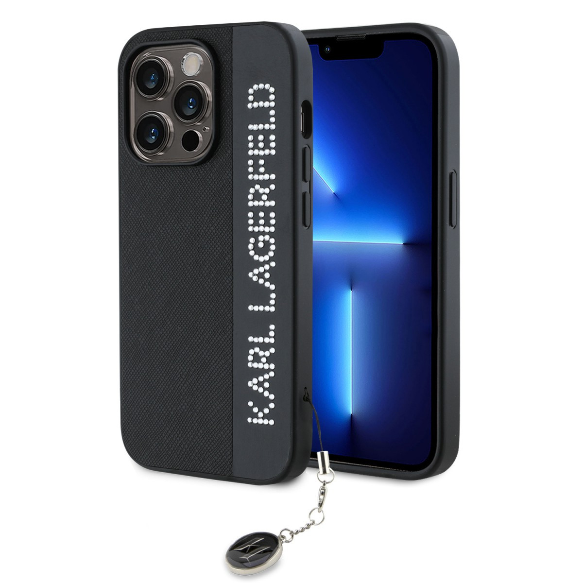 Karl Lagerfeld PU Saffiano Rhinestone Charm Zadní Kryt pro iPhone 14 Pro Black