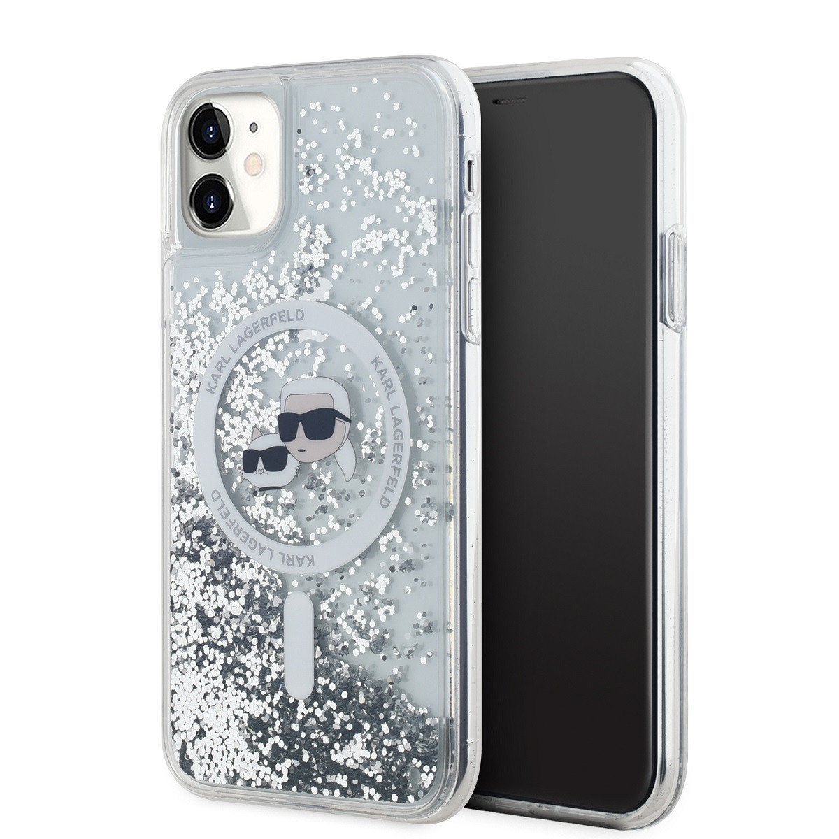 Karl Lagerfeld Liquid Glitter Karl and Choupette Heads Magsafe Zadní Kryt pro iPhone 11 Transparent