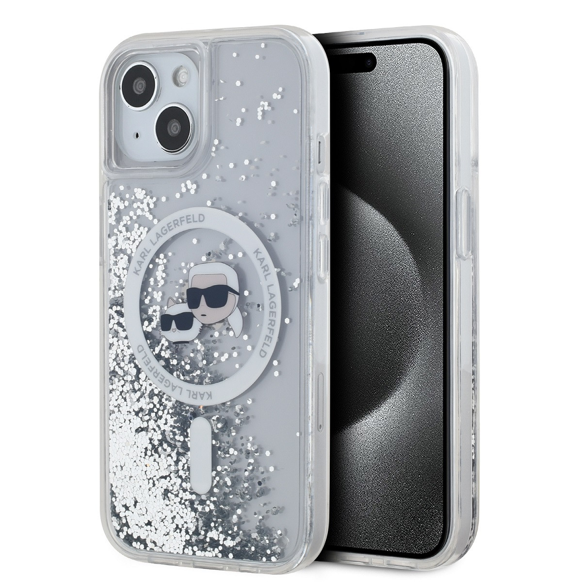 Karl Lagerfeld Liquid Glitter Karl and Choupette Heads MagSafe Zadní Kryt pro iPhone 15 Transparent