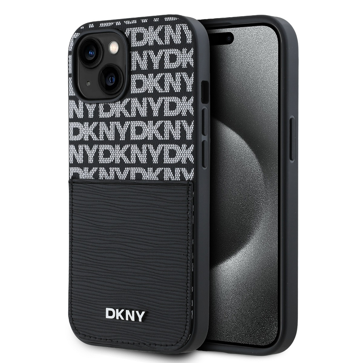 Zadní Kryt DKNY PU Leather Repeat Pattern Card Pocket pro iPhone 14 Black