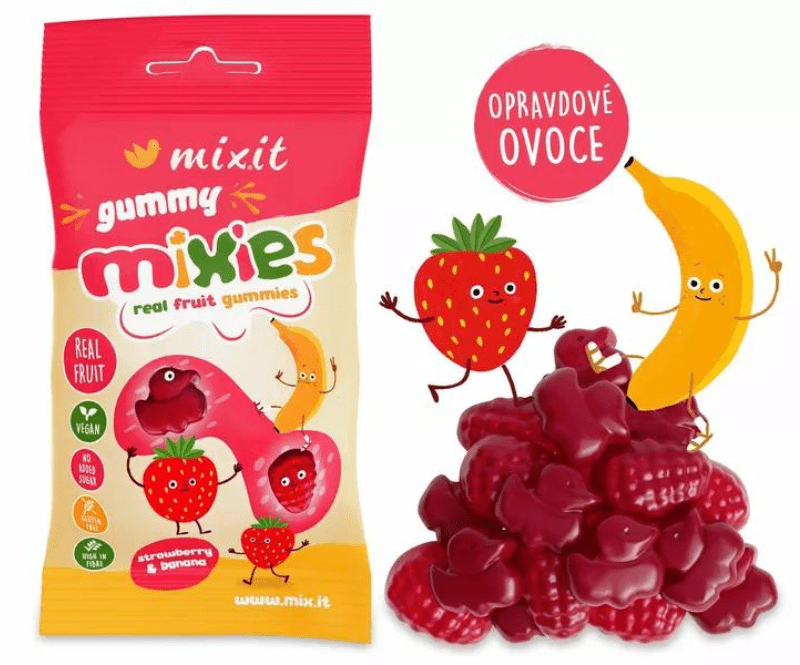 MIXIT Gummy Mixies - Jahoda & banán - přírodní želé bonbóny 35 g