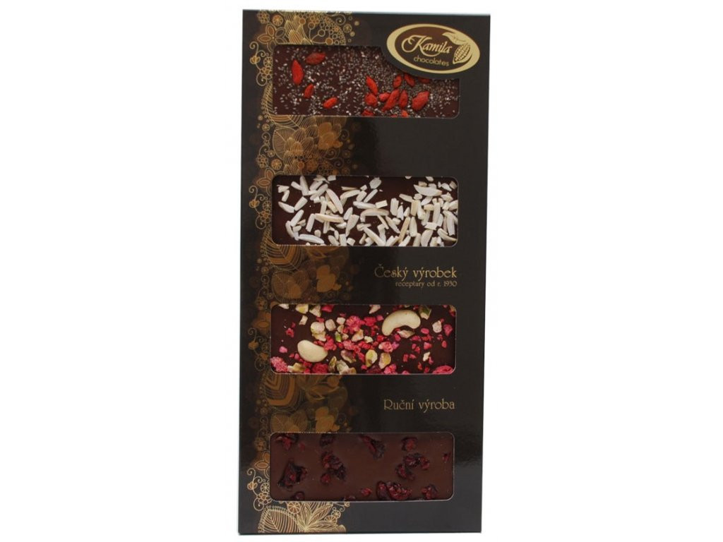 Kamila Chocolates Tabulky hořkých čokolád s posypem MIX 4x50g - tmavá krabička DMT 08/24