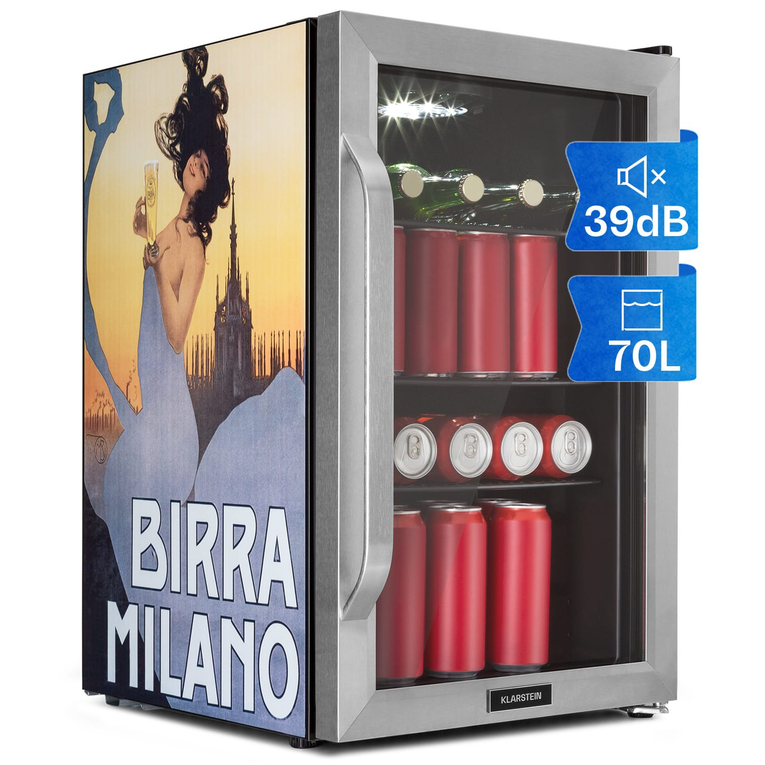 Klarstein Beersafe 70 Birra Milano Edition, lednice, 70 litrů, 3 police, panoramatické skleněné dveře, nerezová ocel