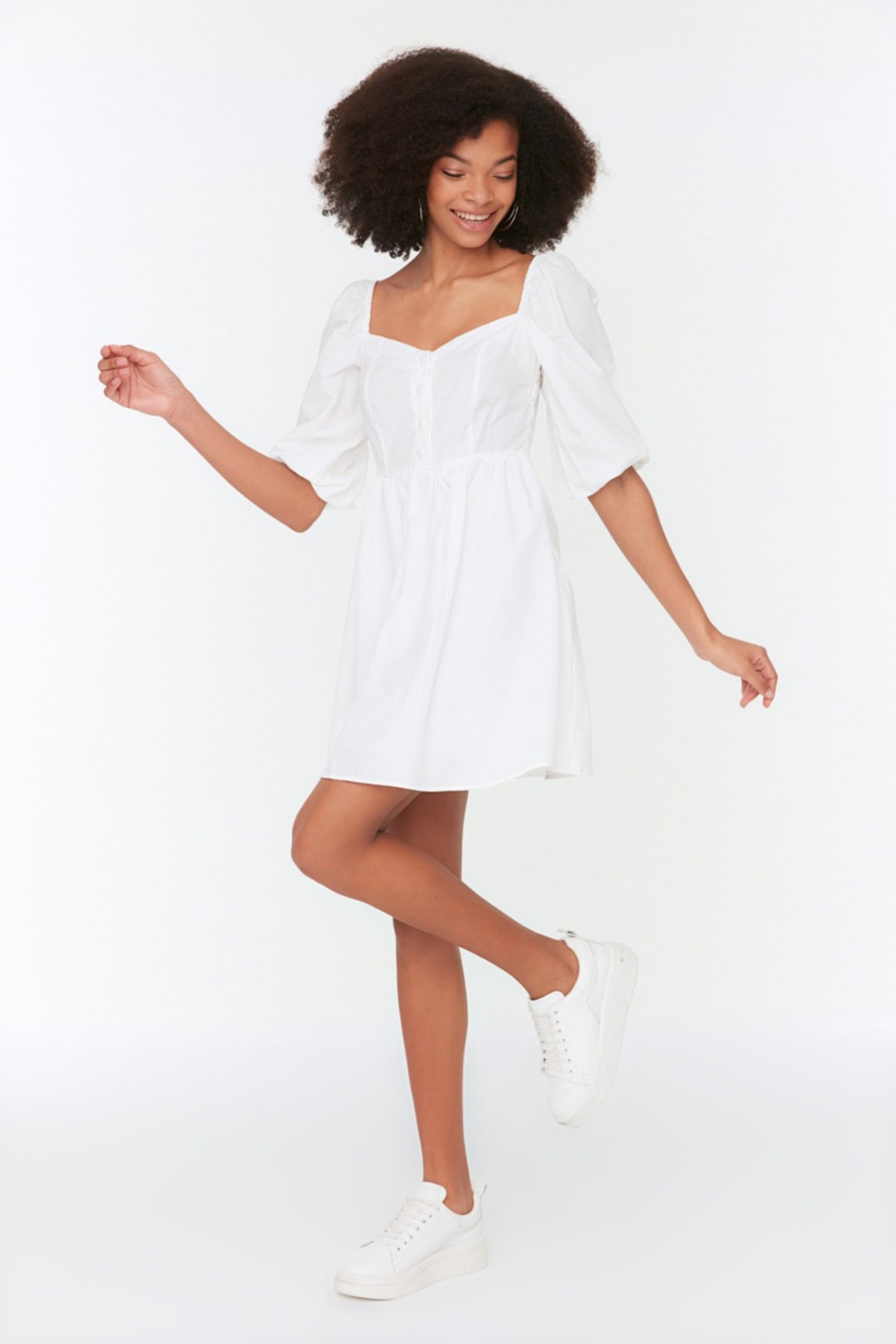 Trendyol Ecru Mini Waist Open Woven Balloon Sleeve Woven Dress