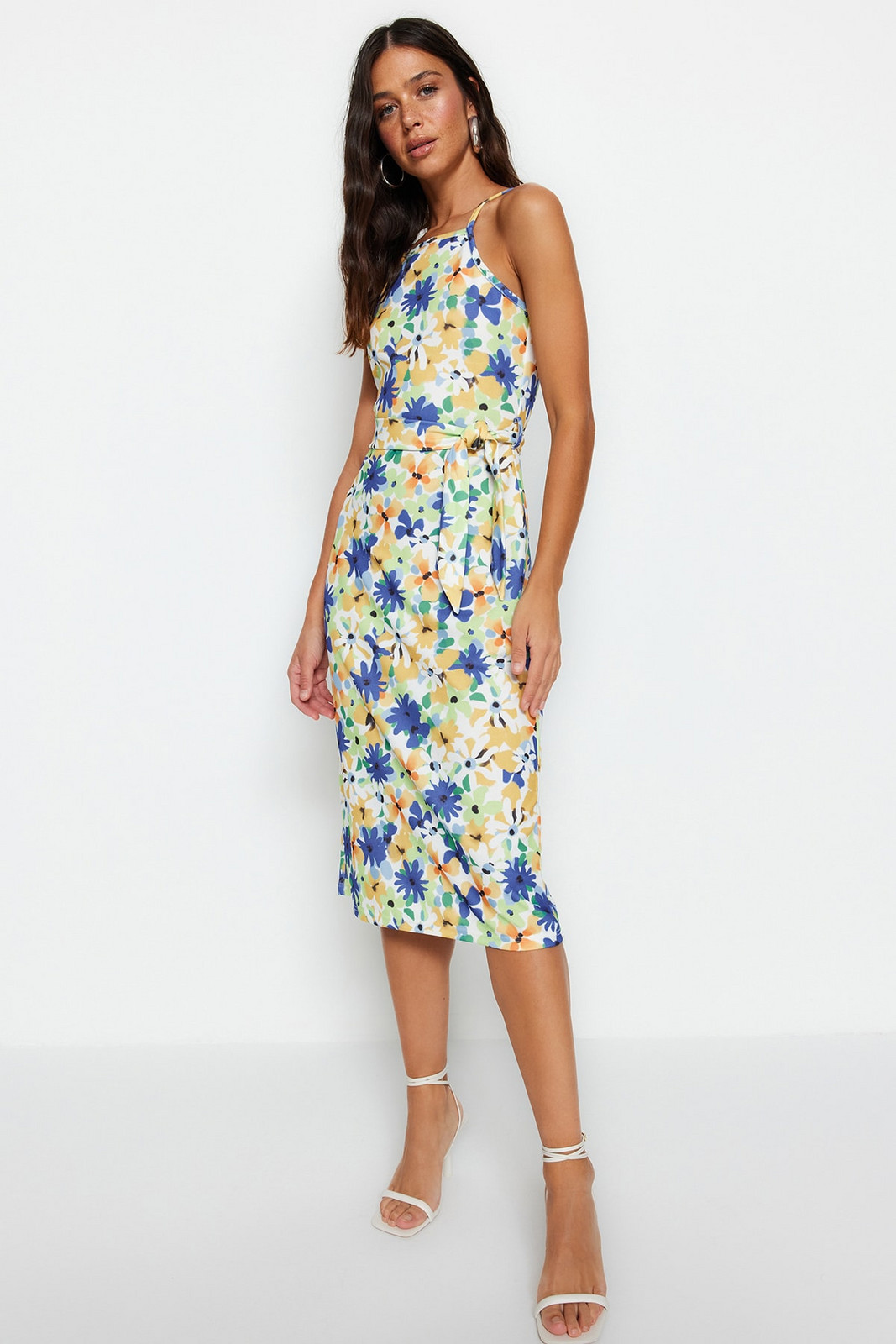 Trendyol Green Floral Print Halter Neck Belted Crepe Midi Knitted Dress